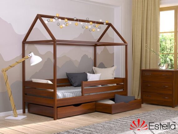 Деревянная кровать Амми, массив бука, цвет оранж, с ящиками для белья и двойной планкой безопасности