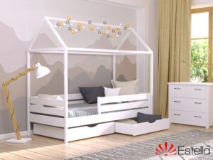 Деревянная кровать Амми, массив бука, цвет белый, с ящиками для белья и двойной планкой безопасности в интерьере