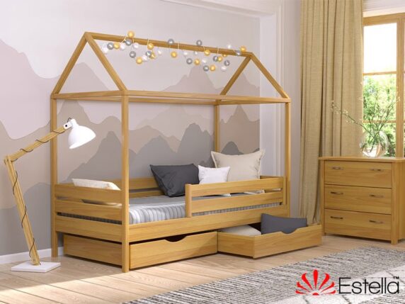 Деревянная кровать Амми, массив бука, цвет бук, с ящиками для белья и двойной планкой безопасности