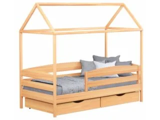 Деревянная кровать Амми ПЛЮС, массив бука, цвет бук с ящиками для белья и двойной планкой безопасности